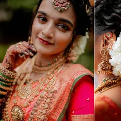 A detailed bridal portrait showcasing the intricate temple jewelry, the beautiful hair adornments, and the bride's radiant expression.