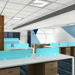 A 3D render of the Patton House office interior in Koramangala. This concept shows the proposed layout, color scheme, and custom furniture, including the wood-clad pillar and geometric wall graphics.
