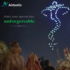 A bride and groom look up as a drone formation of Lord Ganesha blesses their union from the sky. This is one of our most requested formations, adding a sacred and auspicious element to the celebration.