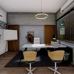 This design for a private office cabin combines modern and industrial elements. The exposed brick texture, wood paneling, and sleek furniture create a professional yet inspiring workspace.