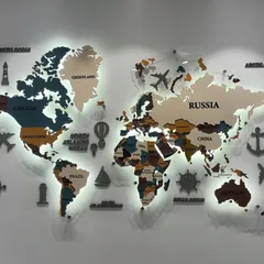 For this boardroom, I created a custom backlit world map using a mix of MDF and acrylic. It adds a touch of global sophistication and serves as an inspiring focal point for a forward-thinking company.