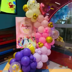 Every detail matters for a first birthday. For Aadhya's princess-themed party, we created this beautiful welcome sign and balloon arrangement to greet guests as they arrived.
