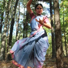 A powerful pose in the forest from my Navratri collaboration with @suta_bombay. The natural setting adds a raw, earthy energy to the dance.