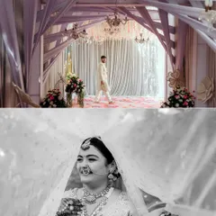 A smiling bride behind her veil and a groom walking into the stunningly decorated venue. These shots capture the anticipation and individual moments before Vidhi and Harsh's union.
