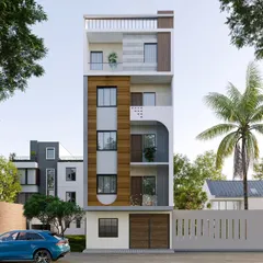 A daytime 3D render for a small residential building in West Delhi. This view shows how the combination of wood-look panels, grey textured sections, and clean white walls creates a fresh and contemporary look.
