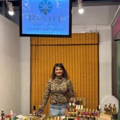 Here I am at our booth at Four Seasons. I love meeting customers and sharing my passion for plant-powered products that are safe for your skin and the environment. All our actives are eco and COSMOS certified.
