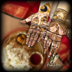A beautiful Karwa Chauth design set against a festive backdrop. This piece features a scene of a woman looking at the moon through a sieve, with intricate patterns and traditional motifs completing the look.