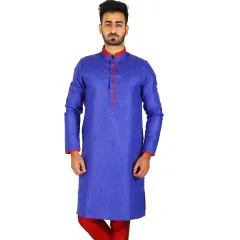 A classic e-commerce shot for men's ethnic wear. This full-length view on a pure white background shows the fit and color of the blue kurta and red pajama set, ideal for product pages.