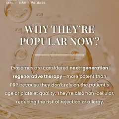 Why are exosomes so popular? They are a next-generation therapy that doesn't depend on the patient's age or platelet quality, making them a powerful option for a wider range of people. They are also non-cellular, which reduces the risk of allergic reactions.