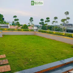 A beautifully manicured natural grass lawn and uplit planters in our New Friends Colony terrace garden.