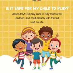 Is it safe for my child to play? Absolutely. This graphic explains our safety measures, including full monitoring, padded equipment, and trained staff on site.