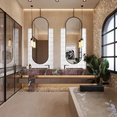 This bathroom is designed to feel like a gentle exhale. The double sink vanity is wrapped in a beautiful, dramatic pink stone, creating a focal point of soft, feminine energy. I layered textured paint on the walls and added mosaic tile accents to evoke a spa-like quality, turning this functional room into a serene retreat.