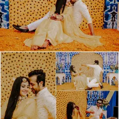 A collage of romantic moments from Sonali and Hemant's Haldi in Jaipur. Set against the Aravalli Hills, these photos capture their love amidst a backdrop of golden marigolds and traditional decor.