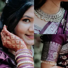A creative collage from an engagement day, highlighting the bride's beautiful smile, her intricate henna, and details of her traditional saree.