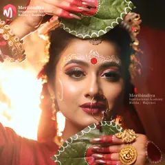 This image captures the essence of a Bengali bride, a look our students learn to perfect, complete with traditional accessories and makeup techniques.