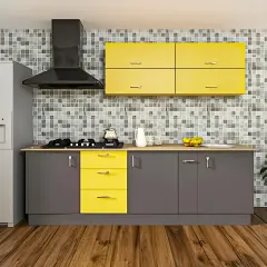 A cheerful and modern straight-line kitchen that pairs bold yellow drawers and wall cabinets with neutral grey. This color combination, along with the mosaic tile backsplash, creates a playful and energetic atmosphere.