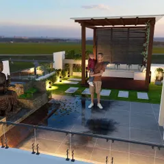 This is a 3D design I created for a client. It helps you see exactly what you'll get. This concept includes a wooden pergola with a privacy screen, a tranquil water feature with a Buddha statue, and smart landscape lighting.