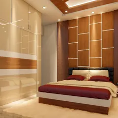 A full view of a bedroom featuring a geometric wood-paneled accent wall with integrated lighting. The glossy, dual-toned sliding wardrobe provides ample storage while enhancing the modern aesthetic.