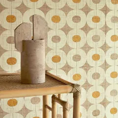 A close-up of our geometric raffia wallpaper paired with a sculptural vase. The raw, natural fibers converge with clean lines to create a space that feels both organic and architecturally sharp.