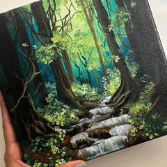 I love capturing the feeling of a secret forest stream. This acrylic on canvas piece shows a quiet moment with sunlight filtering through the trees and water flowing over mossy rocks.