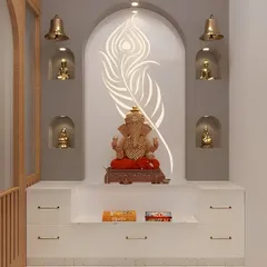 This elegant pooja mandap features an arched niche with a backlit peacock feather design. The unit includes a white marble-top console with drawers and illuminated alcoves on either side for placing small idols.