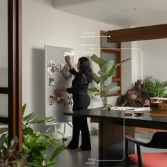 Our design process is rooted in a deep understanding of materials. Here, I am curating a mood board in our studio, surrounded by the plants and natural elements that inspire our work.