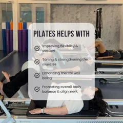 This graphic breaks down the key benefits of our Pilates program. We focus on improving flexibility and posture, toning muscles, enhancing mental well-being, and promoting overall body balance.