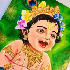A close-up on Bal Krishna's face. I spend a lot of time on the eyes and smile to make sure his divine and mischievous personality shines through in the artwork.