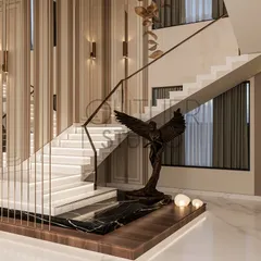 A staircase should be more than just functional; it should be a sculpture. For this bungalow, I designed a floating staircase with illuminated steps and a statement art piece at its base, turning a simple passage into a daily experience of elegance.
