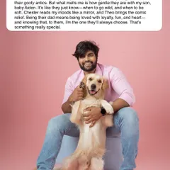 The pink backdrop adds a touch of fun and warmth to this portrait of a pet dad and his happy Golden Retriever. My studio sessions can be as playful or as classic as you want them to be.