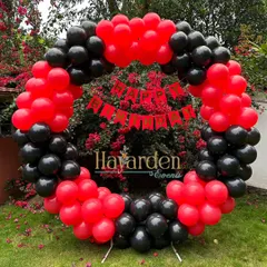 Another angle of the red and black outdoor balloon ring, showing its vibrant contrast with the background.