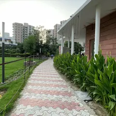 A winding walkway made of red and grey interlocking tiles meanders through this community park. I lined the path with lush canna lily plants, adding greenery and structure next to the building.