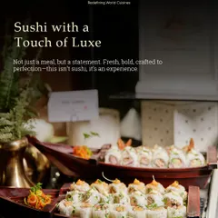 We bring the world to your plate with our diverse culinary offerings. Our live sushi station is always a highlight, featuring beautifully handcrafted rolls presented in elegant sushi boats, offering a fresh and sophisticated taste of Japan.