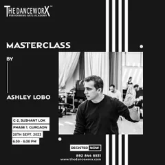 This poster announces a Masterclass with Ashley Lobo at our Gurgaon studio. It's a golden opportunity for dancers to learn directly from our founder, gaining unique insights and practical tools to shape their professional journey.