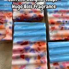 This confetti designer soap with a Hugo Boss fragrance is a customer favorite. The colorful soap chips create a fun, artistic look, while the camel milk base provides a rich, moisturizing lather.