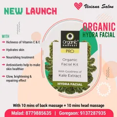 Here's a closer look at my newly launched Organic Hydra Facial. It uses a professional kit from Organic Harvest with Kale Extract, which is a superfood for your skin. This facial provides a repairing effect for a healthy, natural glow.