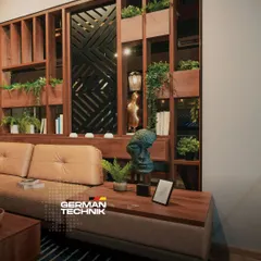 This living room, with its unique wooden partition and biophilic elements, showcases how I make luxury simple and effortlessly livable by blending premium materials with timeless design.