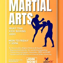 Learn martial arts with me. This flyer details my regular classes in Muay Thai, Kickboxing, and Judo. I have trained commandos and even introduced self-defense as a university course, bringing years of experience to every session.