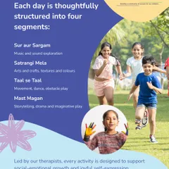 Each day at our camp is thoughtfully structured into four segments: 'Sur aur Sargam' for music, 'Satrangi Mela' for crafts, 'Taal se Taal' for movement, and 'Mast Magan' for storytelling. Every activity is designed to support social-emotional growth.