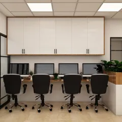 This straight-on view highlights the uniform and organized workstation layout, designed for efficiency. The overhead cabinets provide ample storage, keeping the desk space clean and uncluttered for maximum productivity.