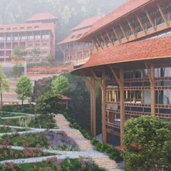 The terraced pathways and vernacular-inspired rooflines of the university buildings are designed to harmonize with the Himalayan landscape. This approach ensures climate resilience and respects the local context while creating a world-class educational environment.
