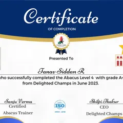 Fantastic work by Tanav Siddan R. on completing Abacus Level 4 with an outstanding grade A+. Your dedication is truly inspiring.