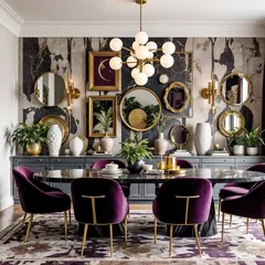 A more dramatic take on the purple dining room, with a dark, moody wallpaper and a gallery wall of mirrors. The plush purple chairs and patterned rug complete the maximalist look.
