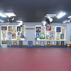 A wide view of our annual Fine Arts Exhibition at the Dhwani Kala Mahotsav. We transform our space into a professional gallery to showcase the amazing work of our students, giving them a real-world platform to display their talent.