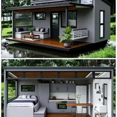 An inspirational design for a robust living prefab tiny house. This concept shows a compact home with a large outdoor deck, a Murphy bed to save space, and a fully functional kitchen, all floating on water.