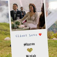 A polaroid-style graphic celebrating "Client Love" with a photo of Sharon and Biplab. These memories are so precious.