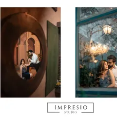 A collage showcasing our creative use of framing, with one shot through a mirror and another through a window, adding layers and depth to the portraits.