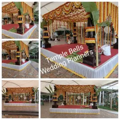 A look at our traditional mandap designs, featuring intricate pillars, lush floral garlands of marigolds and jasmine, and a sacred space for the wedding rituals.