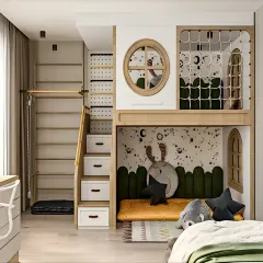 For this child's room, we combined play and practicality with a custom loft structure. The design includes stairs with built-in drawers for toys and clothes, a cozy sleeping nook, and a fun netted play area, all while leaving plenty of floor space free.