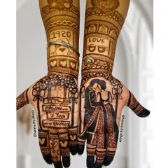 A rich, dark stain of the love story mehendi. This design showcases a kissing couple portrait, names, engagement date, and symbols like coffee cups and champagne glasses to celebrate their union.